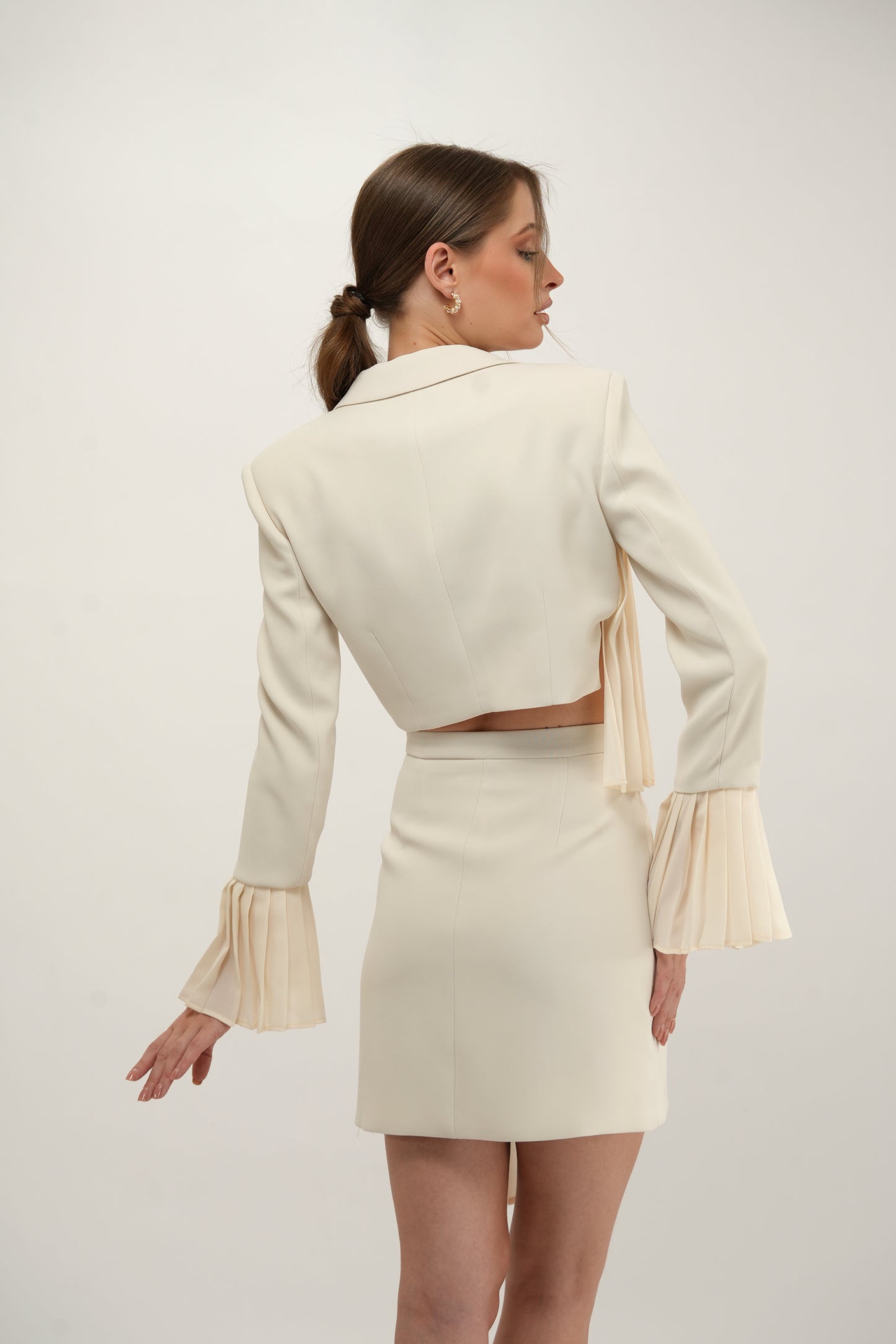 A-symmetric Cropped Blazer with Pleated Chiffon