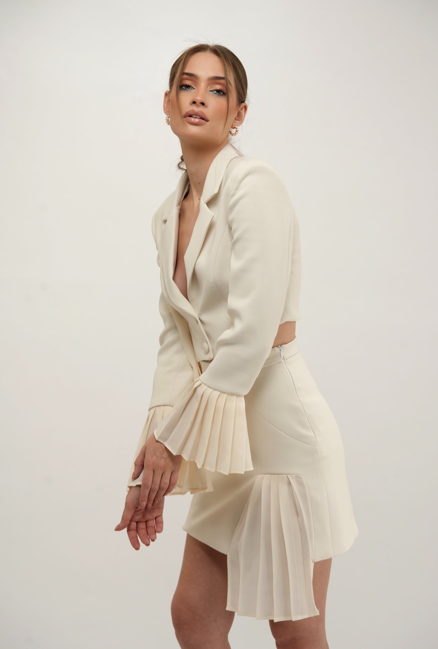 A-symmetric Cropped Blazer with Pleated Chiffon