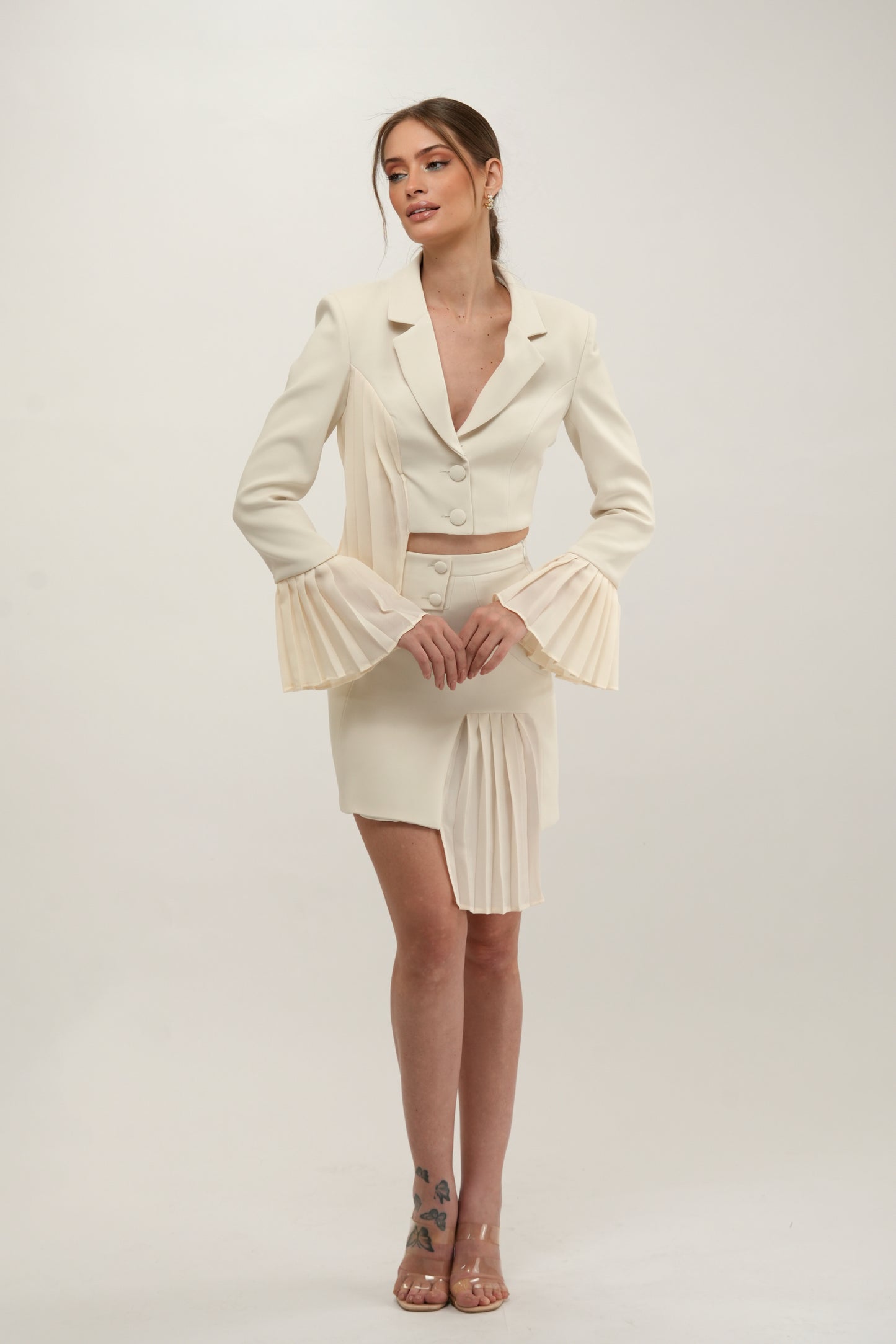 A-symmetric Cropped Blazer with Pleated Chiffon